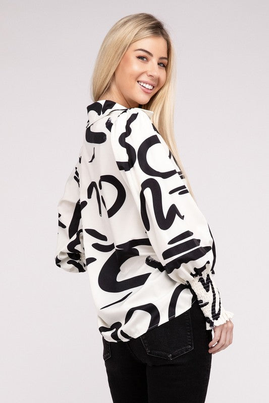 Shop Women's Black & White Abstract Print Button Front Blouse Top, Shirts, USA Boutique