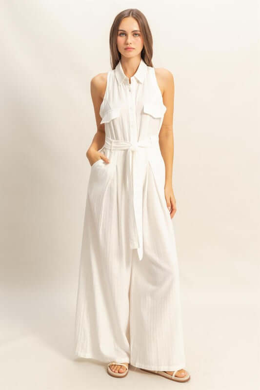 White Sleeveless Tie Waist Wide Leg Jumpsuit | Stylish Fit, Jumpsuits, $ 64.00, A Moment Of Now™