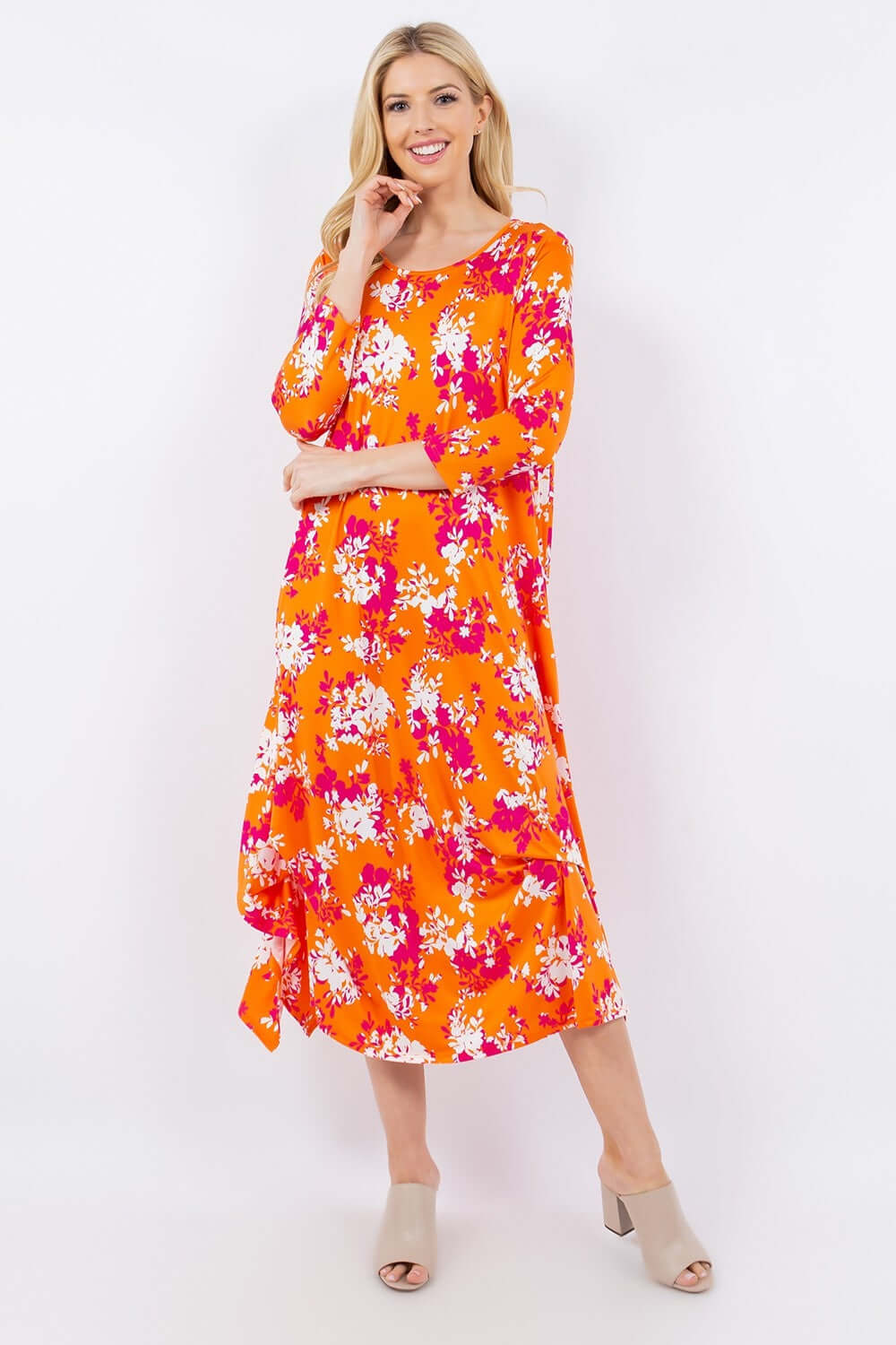 Orange Floral Pick-Up Hem Asymmetric Floral Midi Dress, Celeste, A Moment Of Now