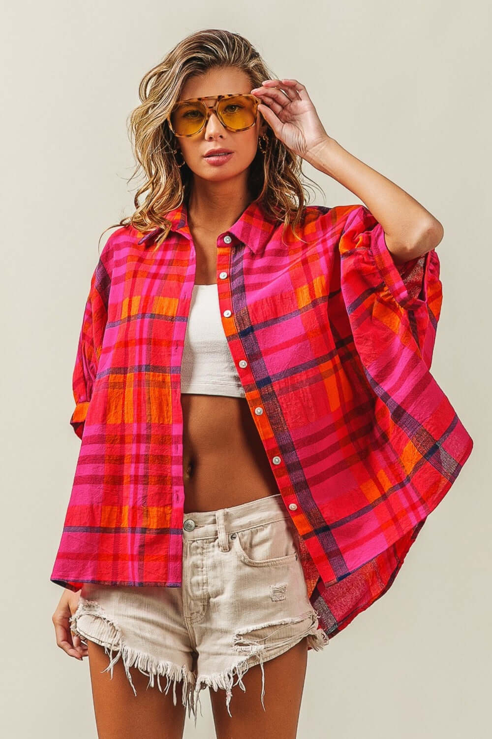 Fuchsia Button Up Dolman Sleeve Plaid Shirt Top, BiBi, A Moment Of Now