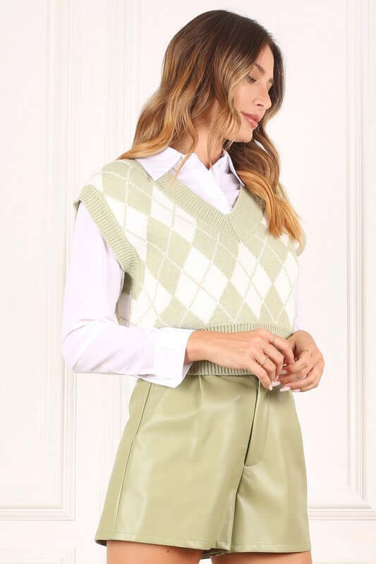 Green Knitted Argyle Sweater Vest