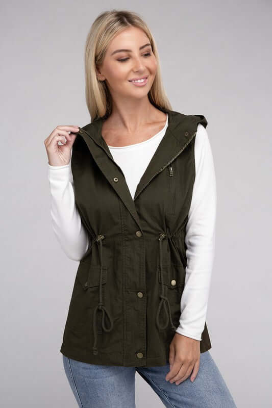 Drawstring Waist Military Hoodie Vest Jacket