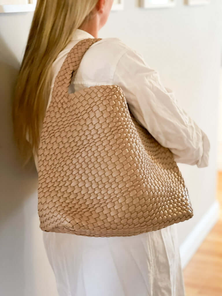 The Willow | Large Woven Vegan Leather Tote - Khaki