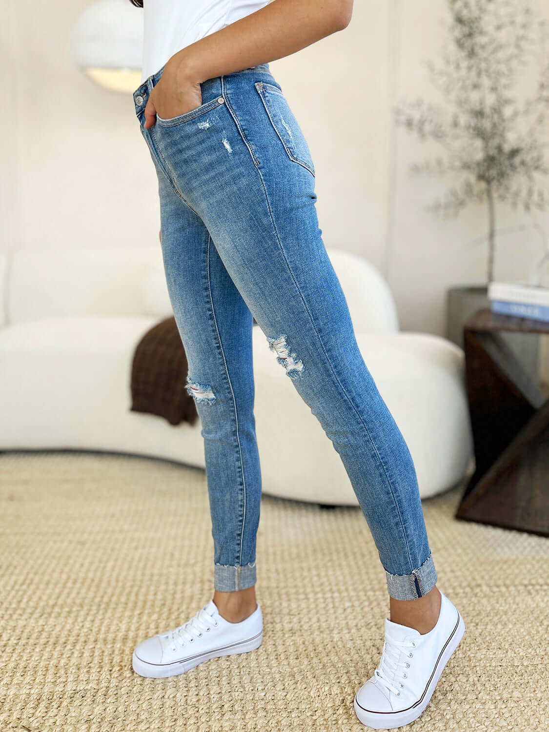 Medium Blue Mid Rise Destroy & Cuff Skinny Jeans, Judy Blue, A Moment Of Now