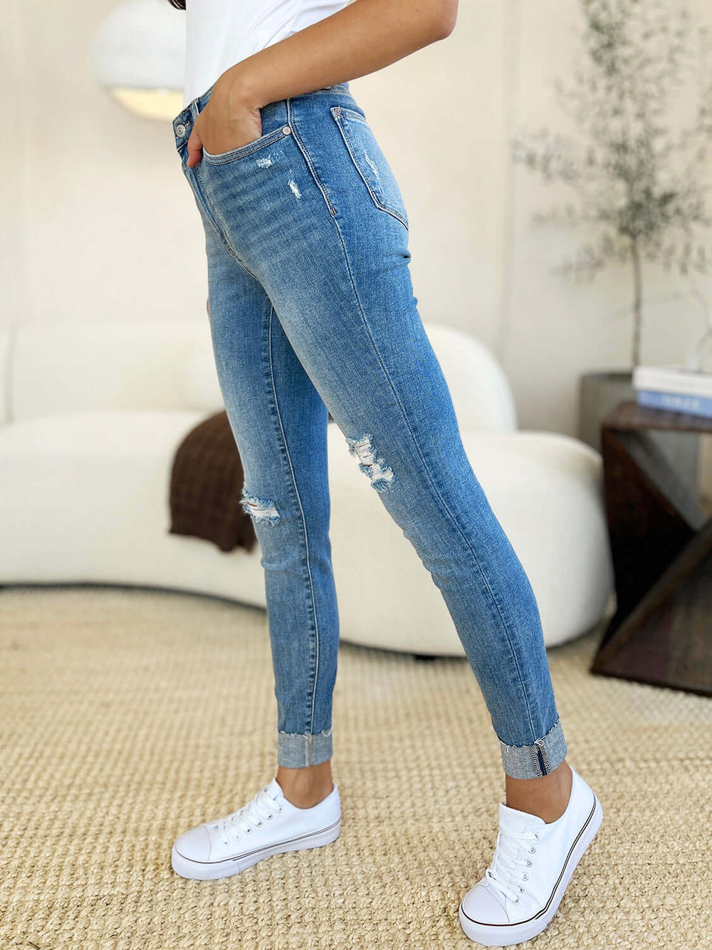 Medium Blue Mid Rise Destroy & Cuff Skinny Jeans - Chic Style, jeans, $ 69.00, A Moment Of Now™