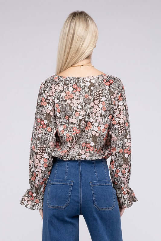 Floral Print Tie Neck Bishop Sleeve Blouse, Nuvi Apparel, $ 32.95