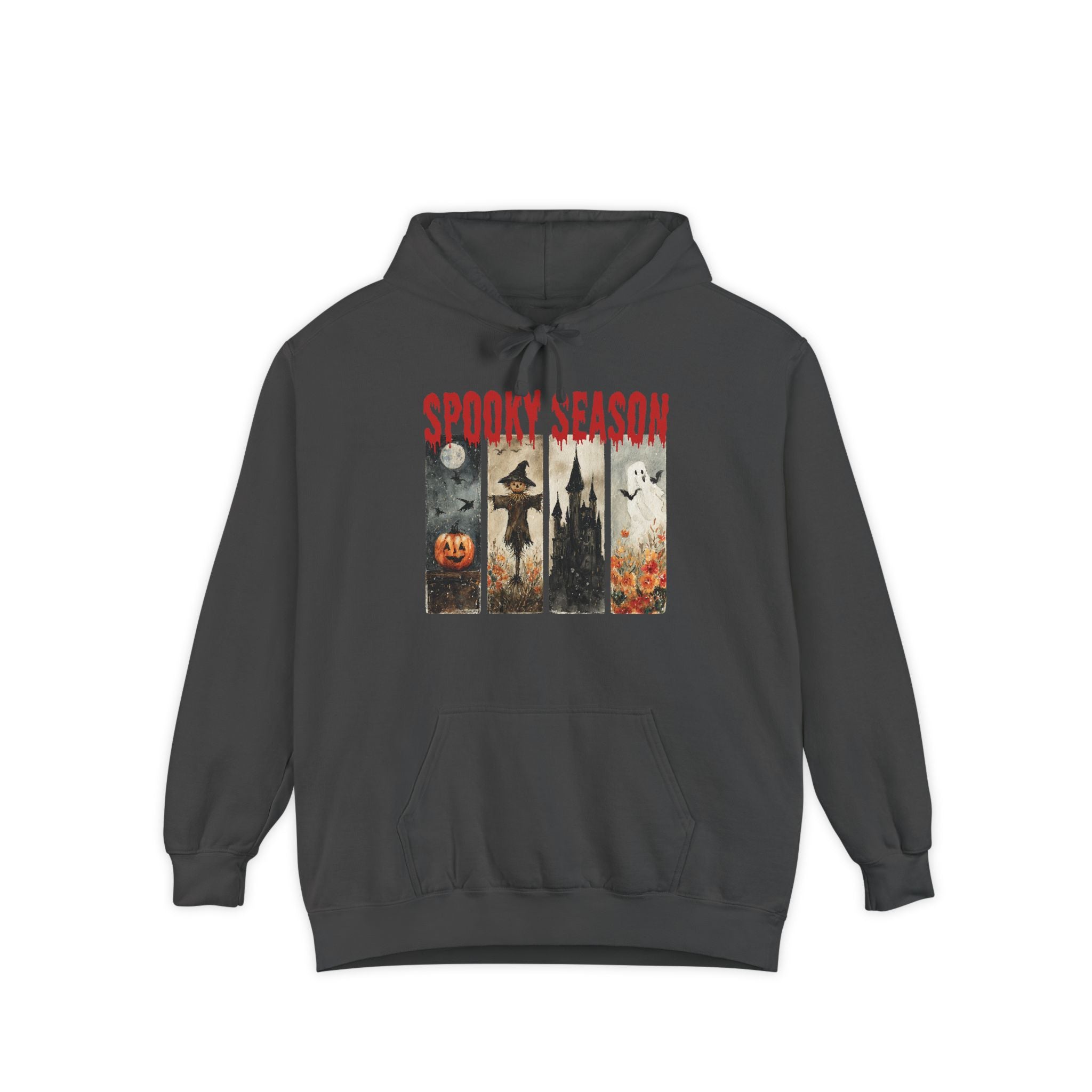 Spooky Season Halloween hoodie with vintage pumpkin, witch and ghost graphic — product mockup
