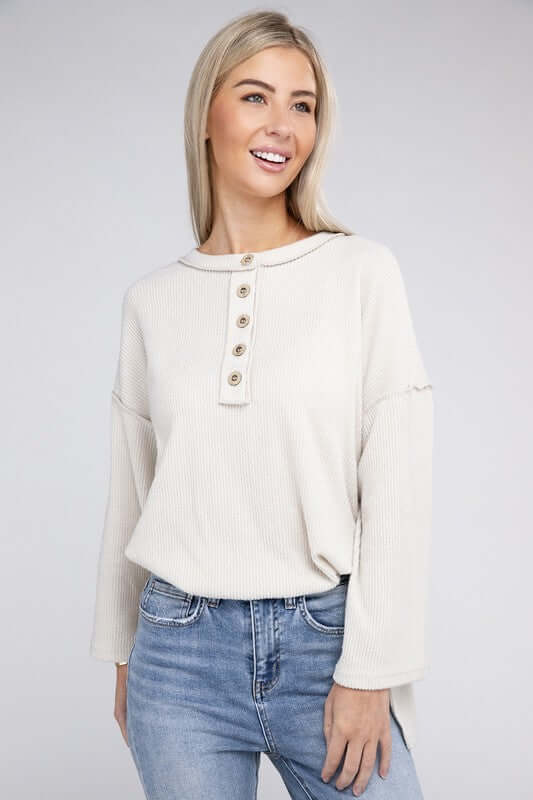 Ribbed Brushed Melange Hacci Henley Sweater, ZENANA, $ 29.00