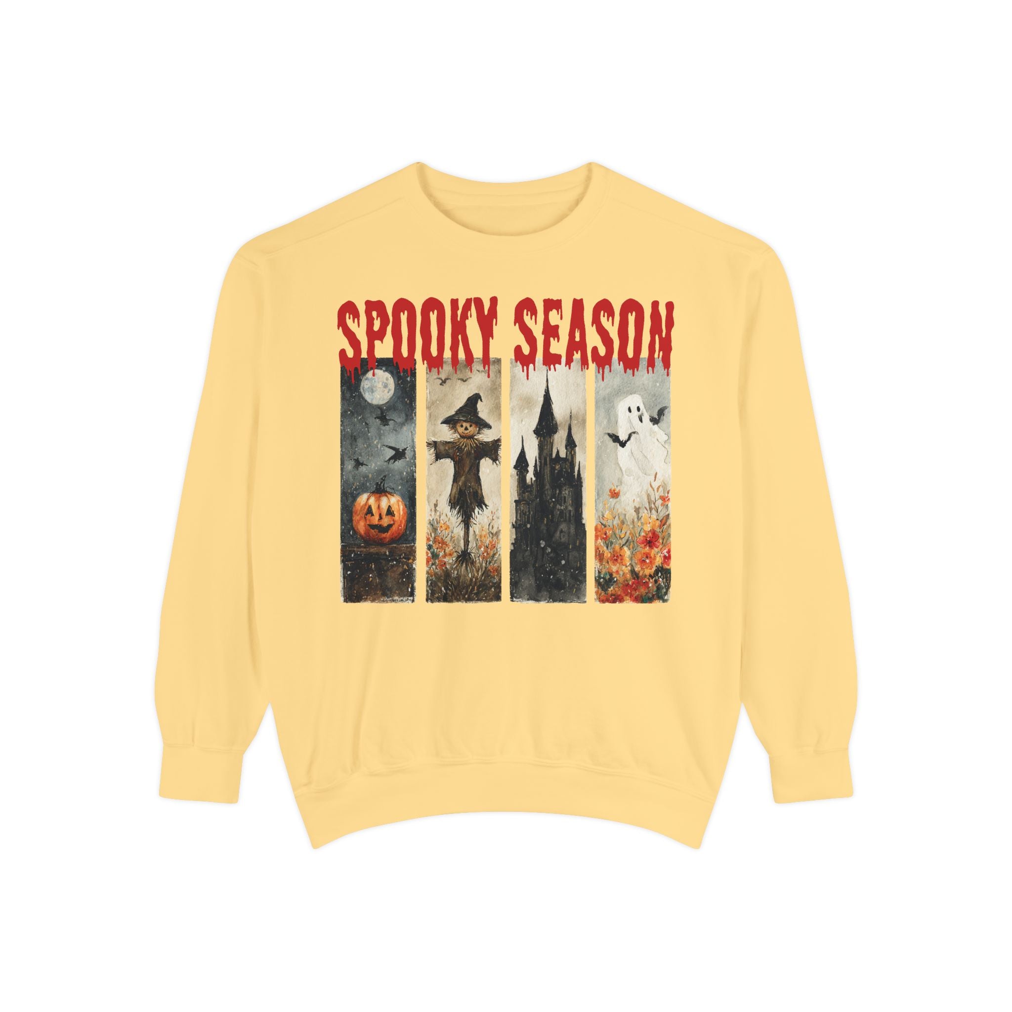 Spooky Season Halloween sweatshirt with vintage pumpkin, witch and ghost graphic — product mockup