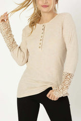 Henley Neck Tee T-shirt with Lace Trim