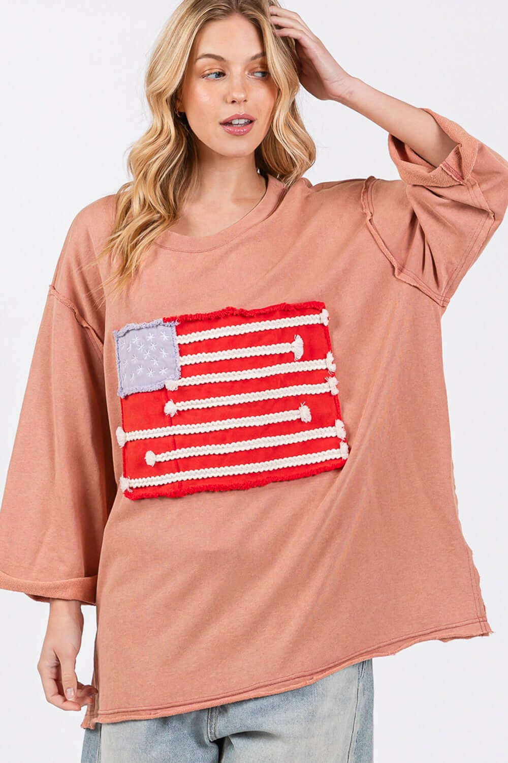 Indian Pink American Flag Patch Long Sleeve Drop Shoulder T-Shirt, SAGE + FIG, A Moment Of Now