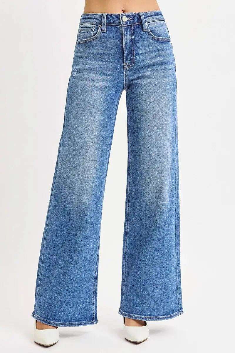 Medium Blue High Rise Wide Leg Jeans Plus Size - Stylish Comfort, Jeans, $ 75.00, A Moment Of Now™