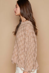 Mocha Checkered Distressed Edge Sweater, POL, $ 49.00