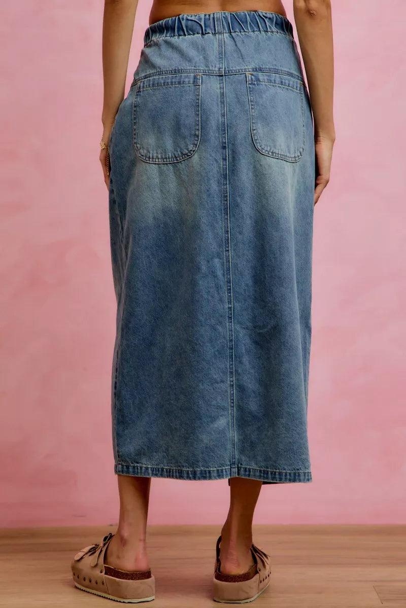 SO ME Pleated Washed Denim Skirt With Front Slit | Boutique In USA, Skirts, $ 69.00, A Moment Of Now™