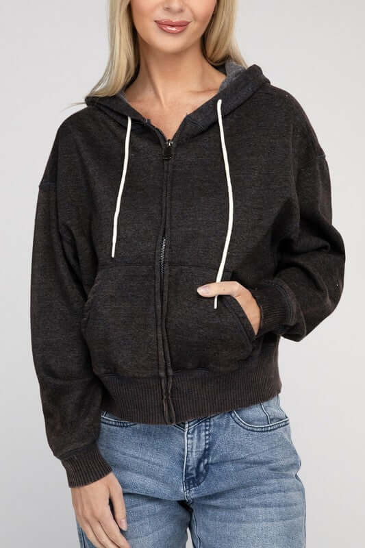 Acid Wash Fleece Cropped Zip-Up Hoodie, ZENANA, $ 49.95