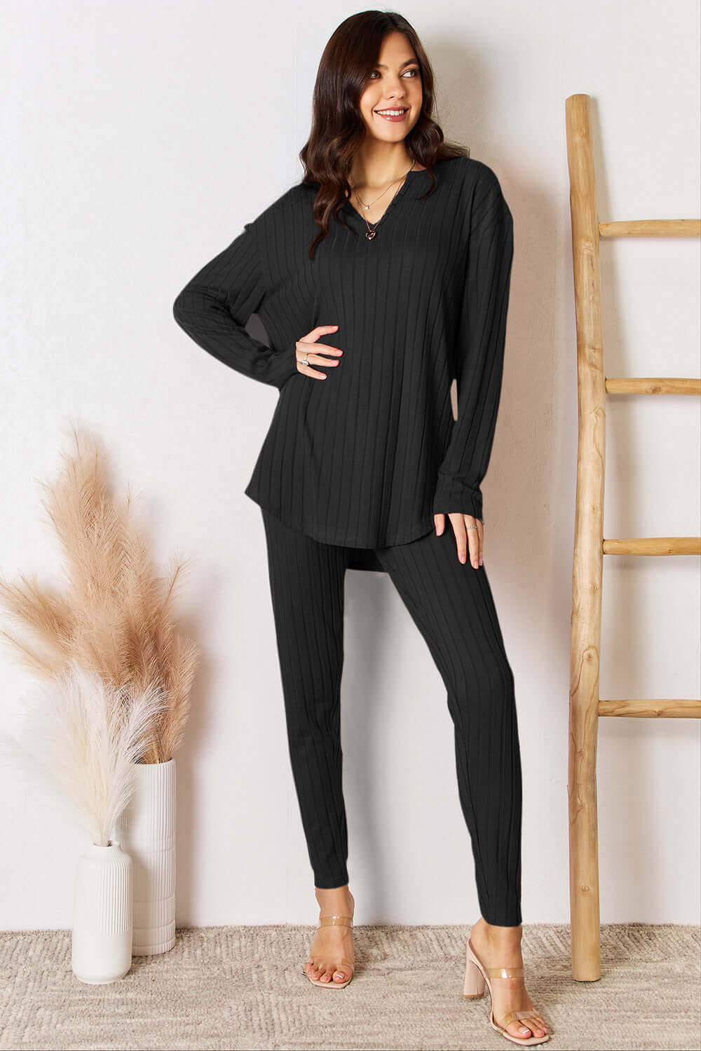 Women's Serene Notched Long Sleeve Top and Pants Loungewear Set, Basic Bae, $ 35.00