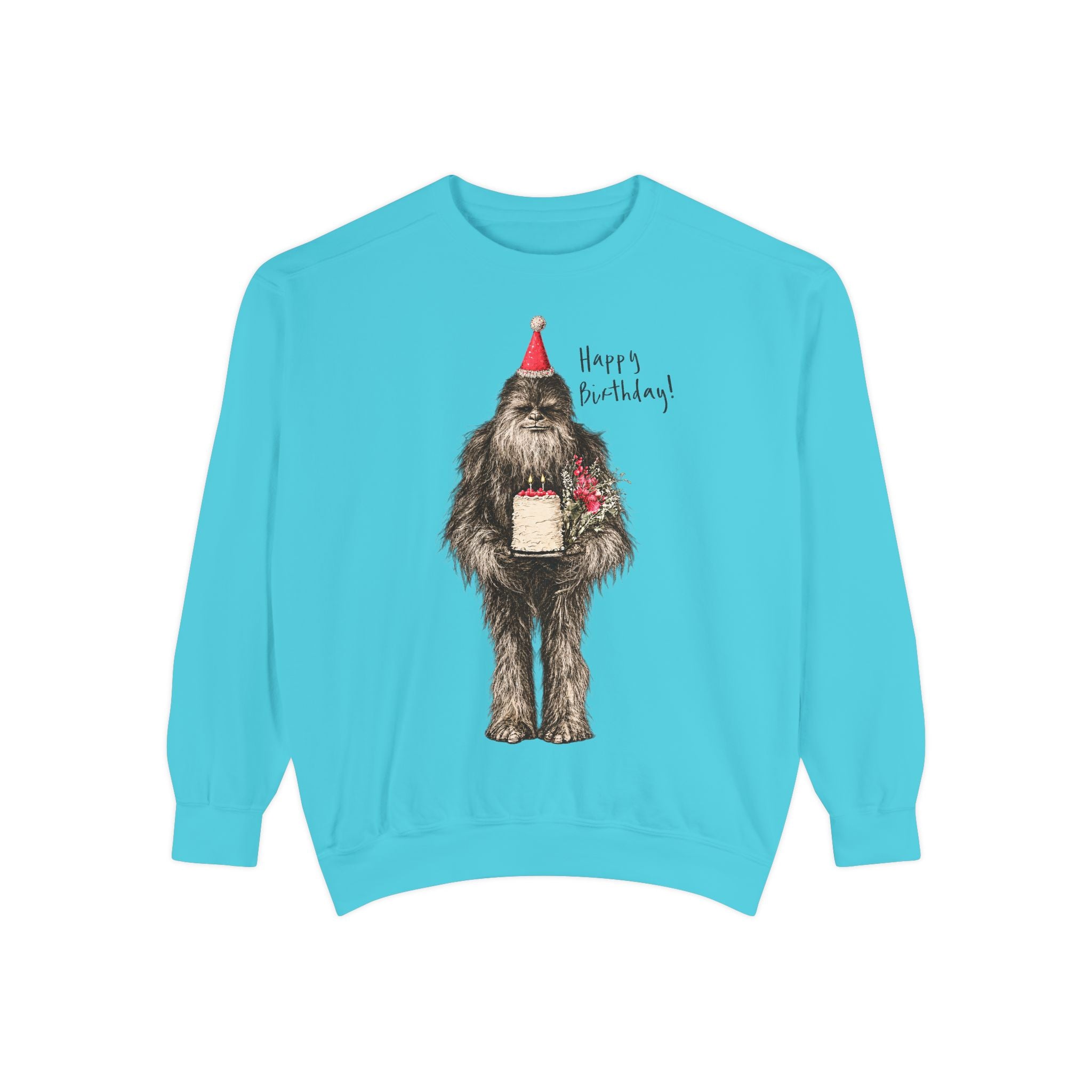 Birthday Bigfoot Sweatshirt — Funny Sasquatch with Cake