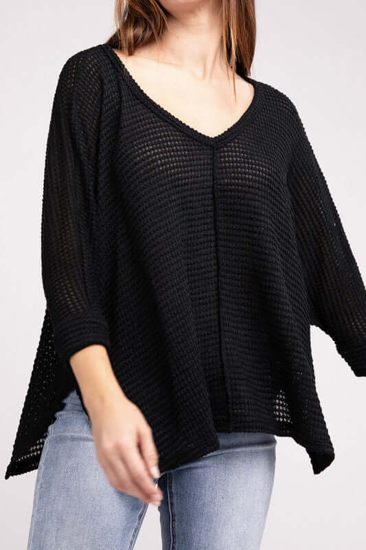 3/4 Sleeve V-Neck Hi-Low Hem Jacquard Sweater, ZENANA, $ 24.95