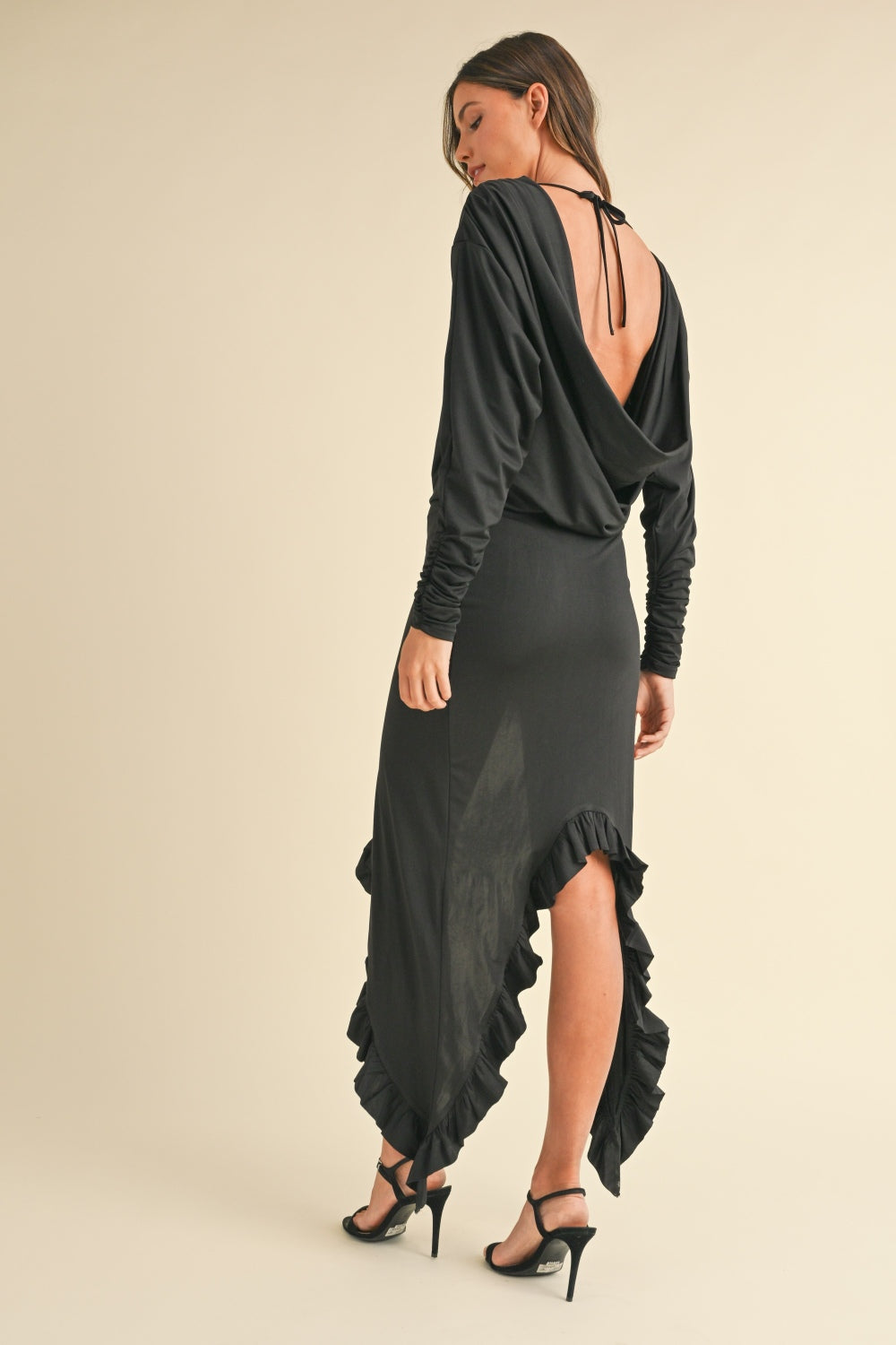 Black Backless Asymmetric Ruffle Hem Dress