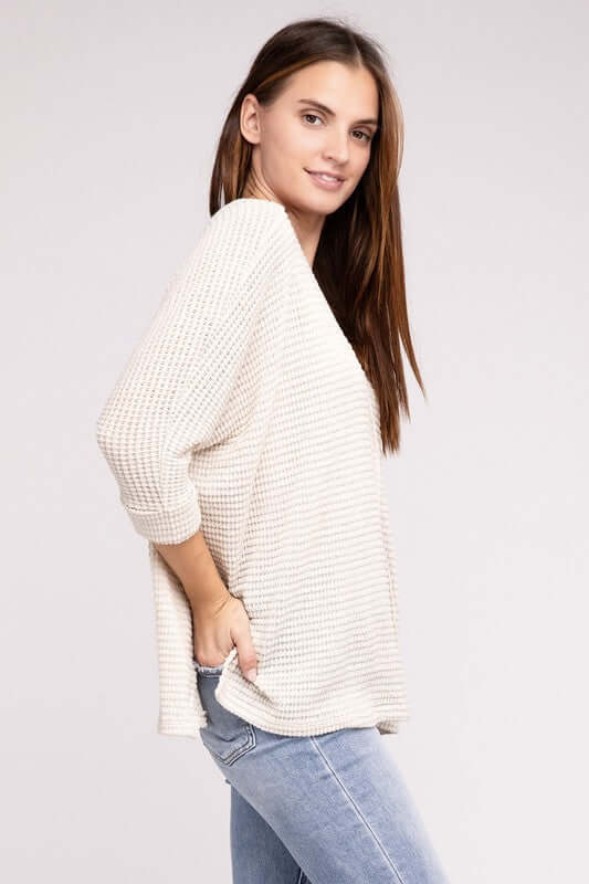 3/4 Sleeve V-Neck Hi-Low Hem Jacquard Sweater, ZENANA, $ 24.95