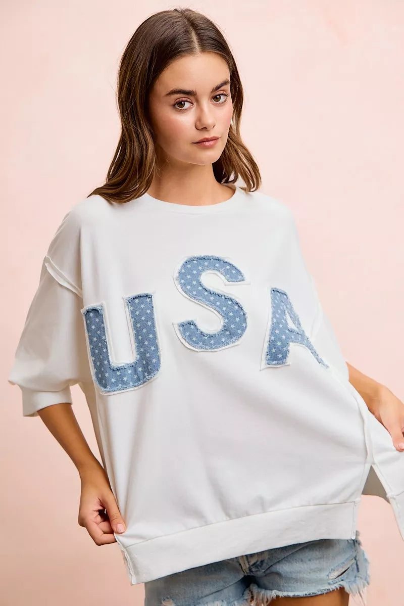 BiBi 4th Of July Usa Letter Patchwork French Terry Top, Tops, $ 60.00, A Moment Of Now™