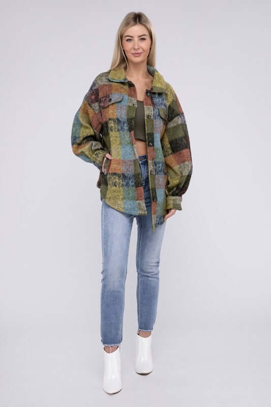 Women's Loose Fit Buttoned Down Check Shirt Jacket Plaid Shacket, BiBi, $ 55.00