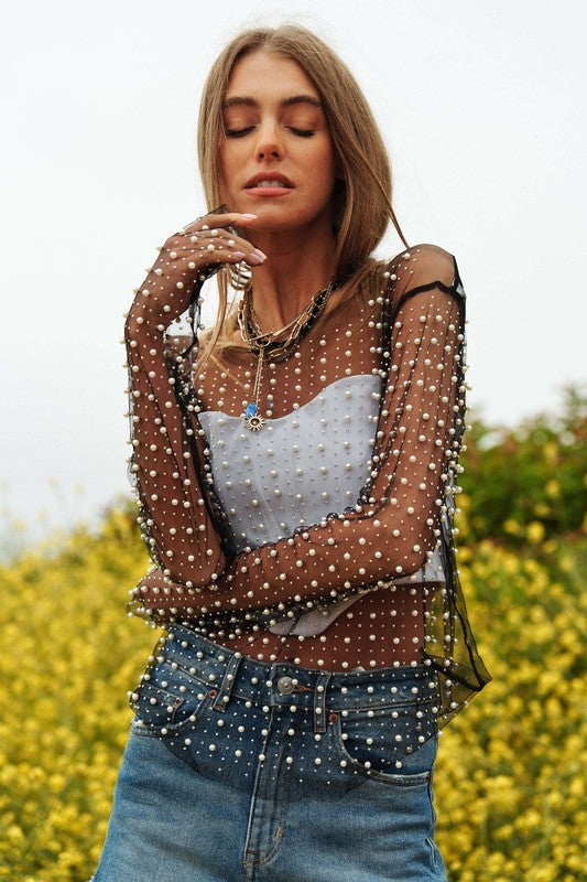 Shop Bead and Pearl Embellished Long Sleeves Mesh Top | USA Boutique Online, Tops, USA Boutique