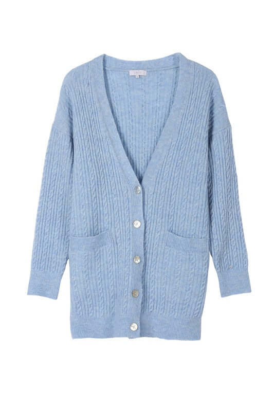 Light Blue Wool Blended Cable Knitted Cardigan