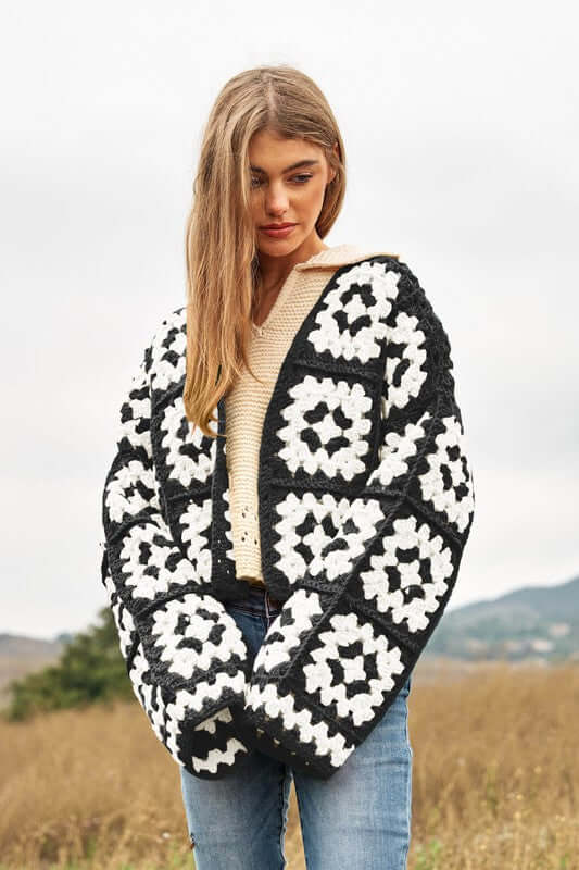 Floral Square Crochet Open Knit Cardigan