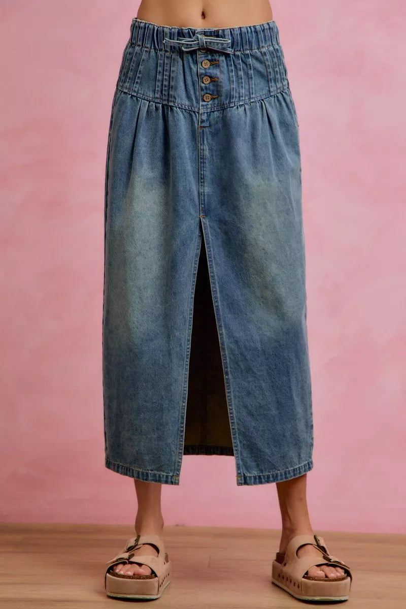 SO ME Pleated Washed Denim Skirt With Front Slit | Boutique In USA, Skirts, $ 69.00, A Moment Of Now™