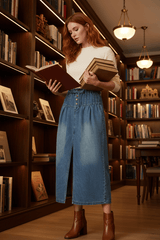 Blue Pleated Washed Denim Skirt With Front Slit | Boutique In USA, Skirts, $ 69.00, A Moment Of Now™