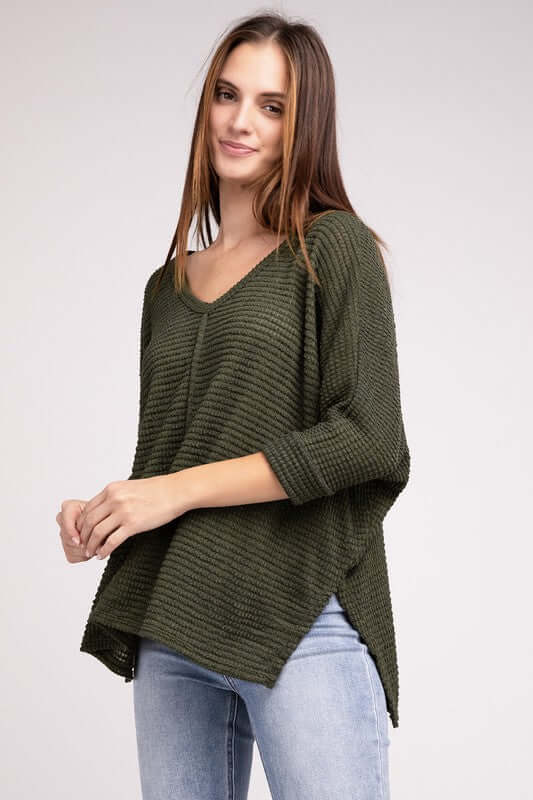 3/4 Sleeve V-Neck Hi-Low Hem Jacquard Sweater, ZENANA, $ 24.95