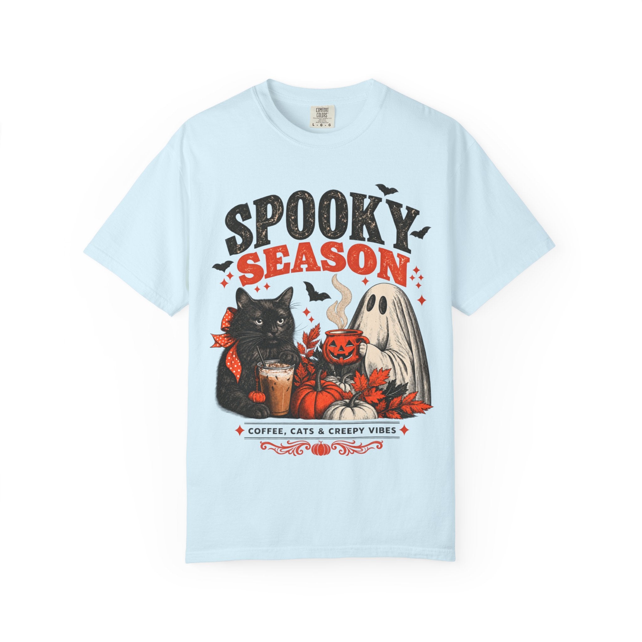 Spooky Season Black Cat & Ghost T-Shirt | Halloween Coffee & Cats Tee