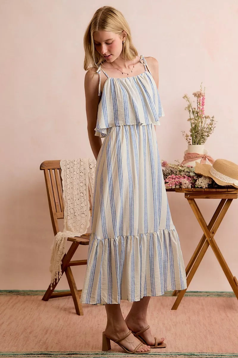 Stripe Tiered Shoulder Tie Midi Lined Dress | Boutique In USA, Dresses, $ 59.00, A Moment Of Now™