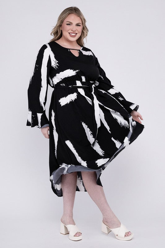 Shop Plus Size Black Keyhole Neck Flounce Sleeve Belted Cute Midi Dress , Dresses, USA Boutique