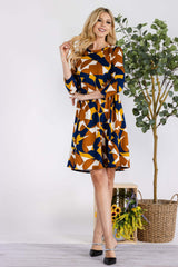 Brown Blue GeometricLong Sleeve Dress with Pockets, Celeste, $ 45.00