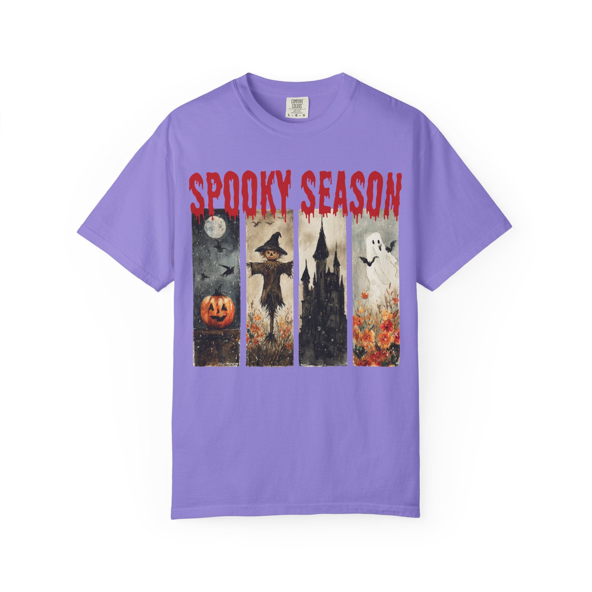 Spooky Season Halloween T-shirt with vintage pumpkin, scarecrow and ghost graphic — product mockup