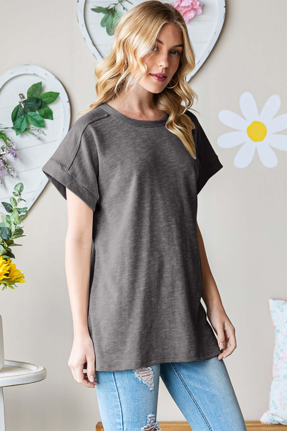 Charcoal Grey Short Sleeve Round Neck T-Shirt, Heimish, $ 37.00