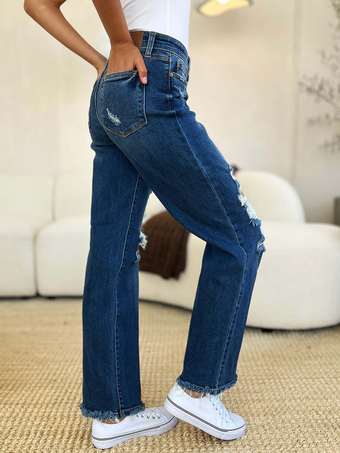 Judy Blue Dark Blue Mid Rise Distressed Raw Hem Jeans, Judy Blue, $ 69.00