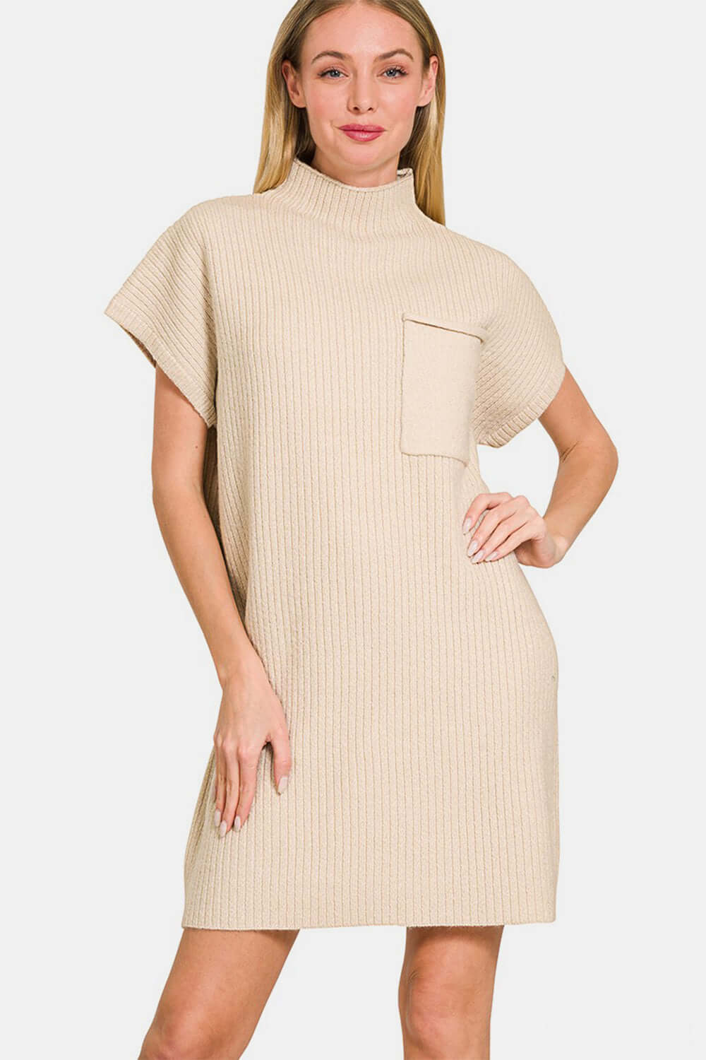 Beige Short Sleeve Sweater Mini Dress, Zenana, $ 45.00