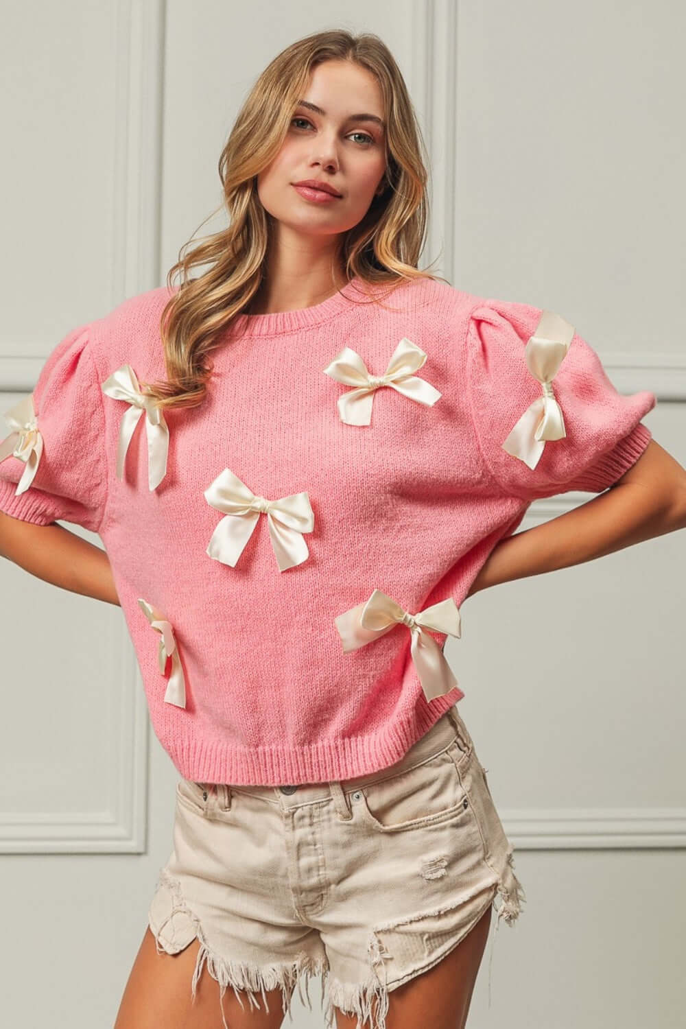 Cute Pink Ribbon Bow Puff Sleeve Sweater, Sweaters, $ 49.00, A Moment Of Now™