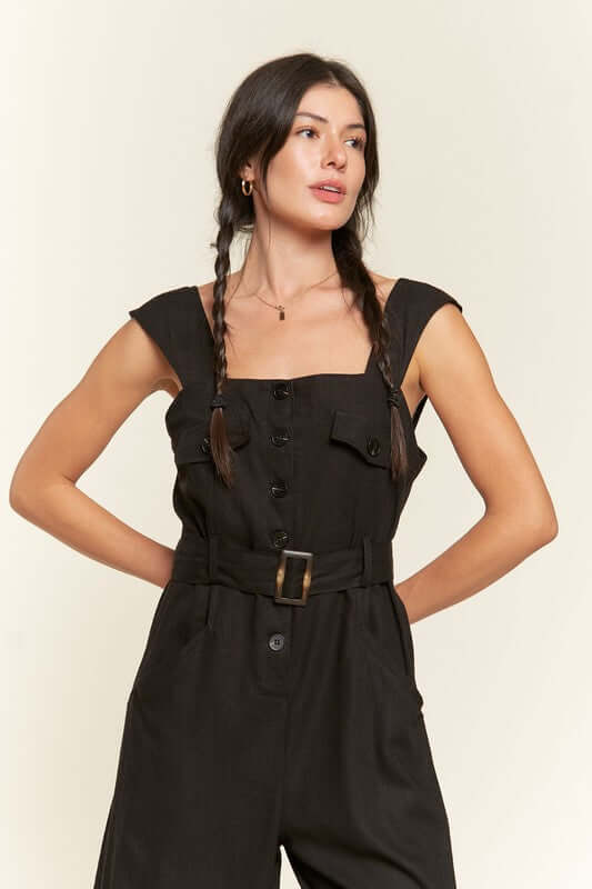 SLEEVELESS SQUARE NECK BUTTON DOWN ANKLE JUMPSUIT, Jade By Jane, $ 86.95