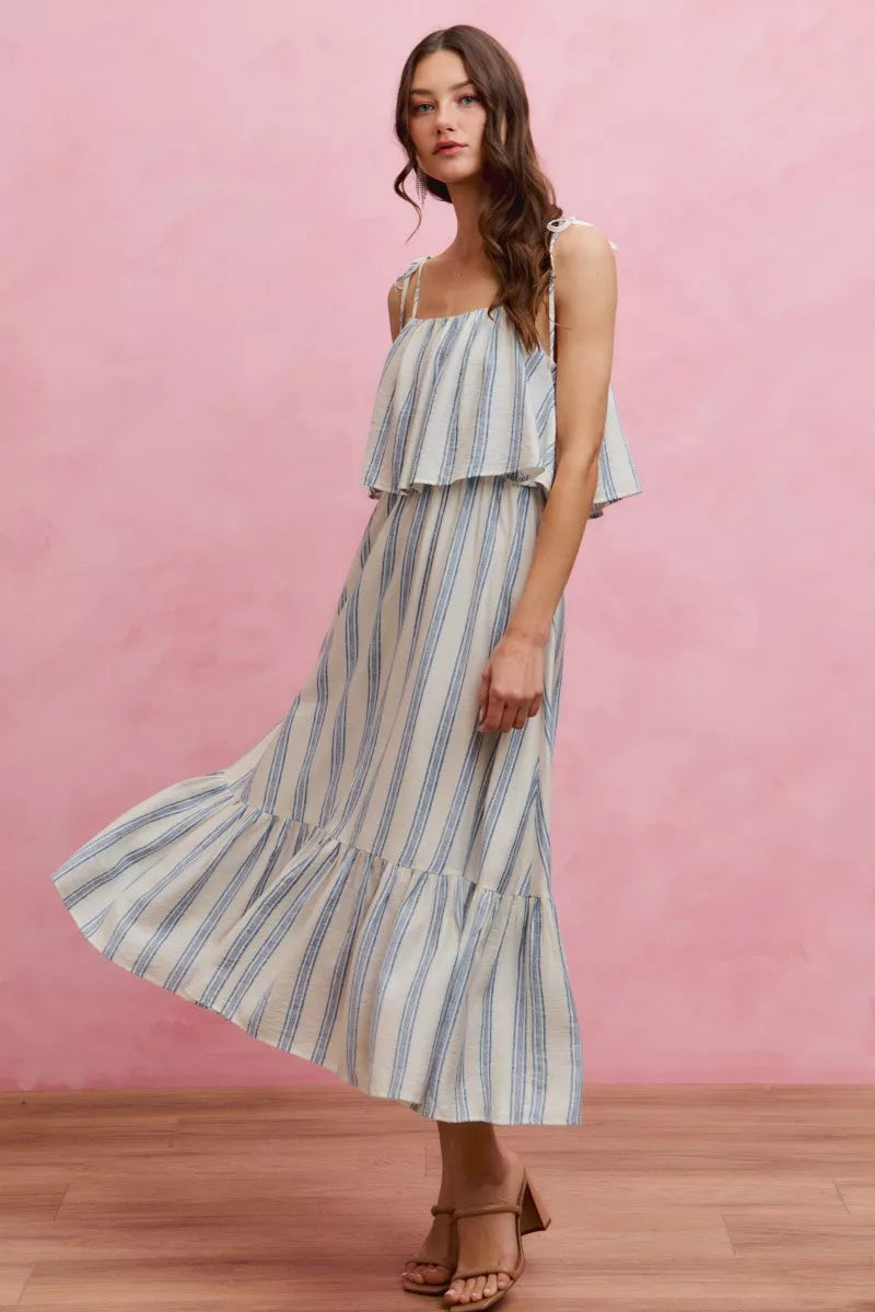 Stripe Tiered Shoulder Tie Midi Lined Dress | Boutique In USA, Dresses, $ 59.00, A Moment Of Now™