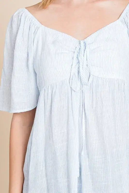 Sky Blue Thin Striped with Tie Front Babydoll Top: Chic Style, Tops, $ 27.00, A Moment Of Now™