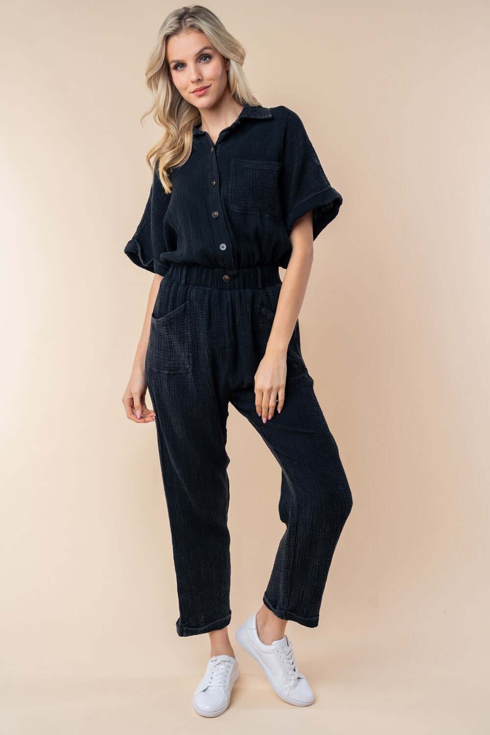 Black Texture Short Sleeve Jumpsuit, White Birch, $ 59.00