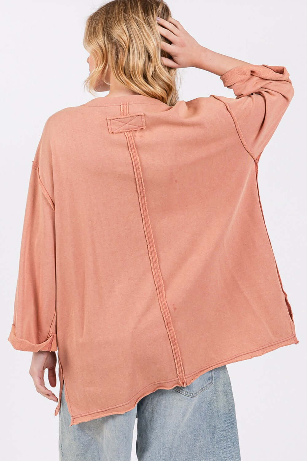 Indian Pink American Flag Patch Long Sleeve Drop Shoulder T-Shirt, SAGE + FIG, A Moment Of Now