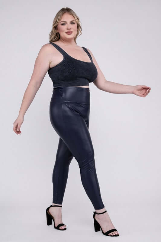 Women's Black Plus Size High Rise Faux Leather Leggings Pants, ZENANA, $ 41.95