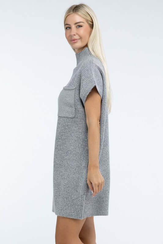 Women's Mock Neck Short Sleeve Mini Sweater Dress with Pocket, ZENANA, $ 55.00