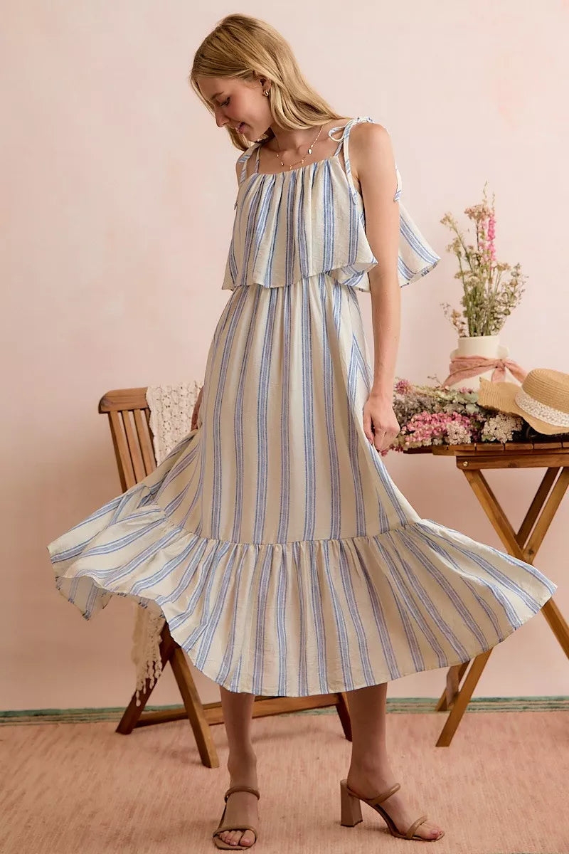 Stripe Tiered Shoulder Tie Midi Lined Dress | Boutique In USA, Dresses, $ 59.00, A Moment Of Now™