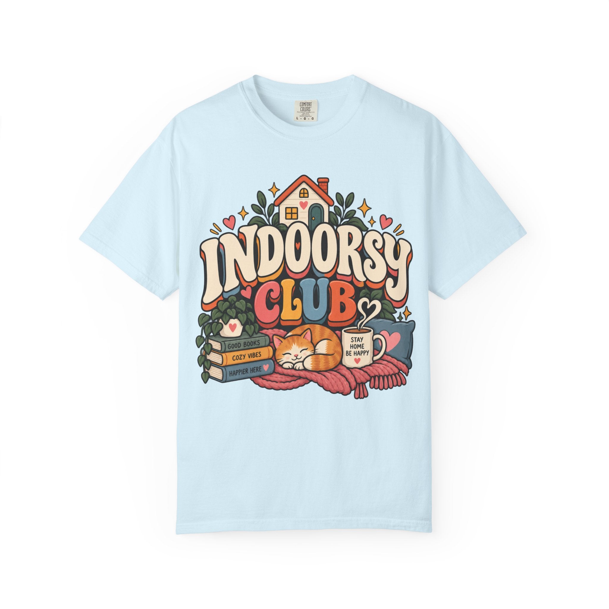 Indoorsy Club T-Shirt — Cozy Homebody Graphic Tee (Cat, Books, Tea) - t-shirt product image 8